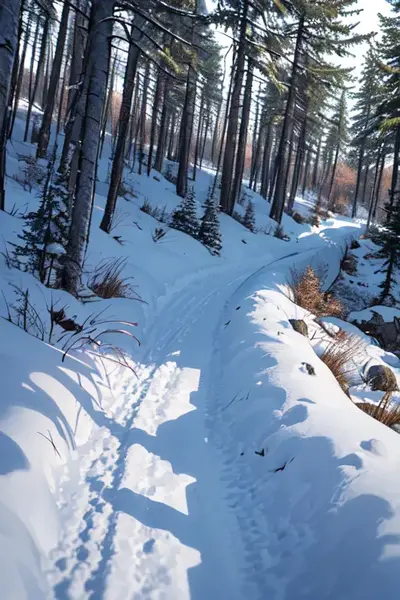 A digital drawing of a snow covered path with footprints heading uphill in the forest. Image generated from Stable Diffusion with the GhostMix - v2.0-BakedVAE checkpoint.